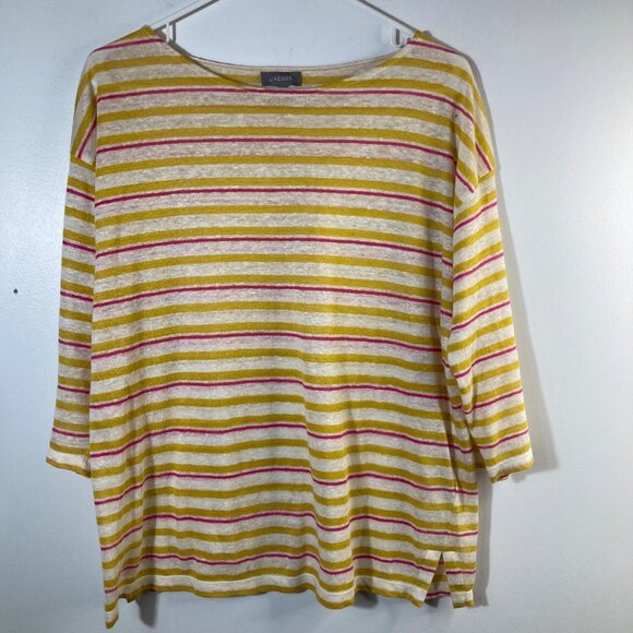 Womens Jaeger Striped Linen Knit Top Yellow Red White S 1/2 Sleeve - Picture 1 of 10